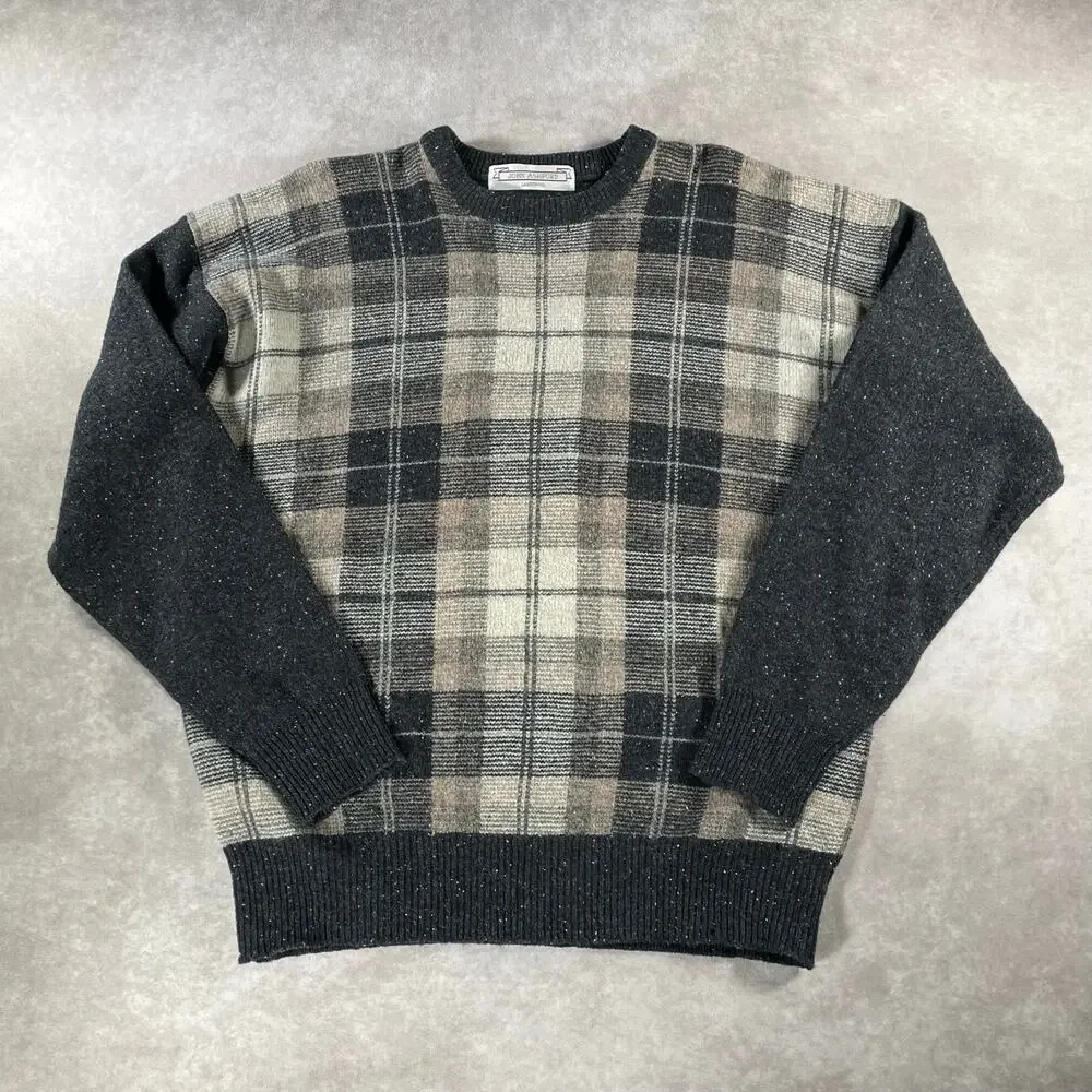 90’s Vintage John Ashford Plaid Cream Brown Lambswool Cozy Sweater